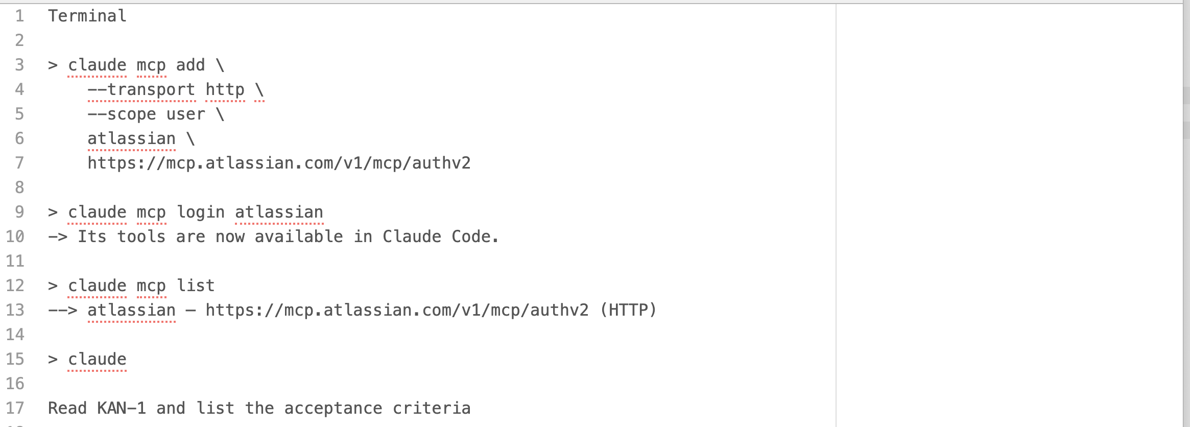 Beispielbefehle für die Installation und Prüfung des Atlassian MCP Servers