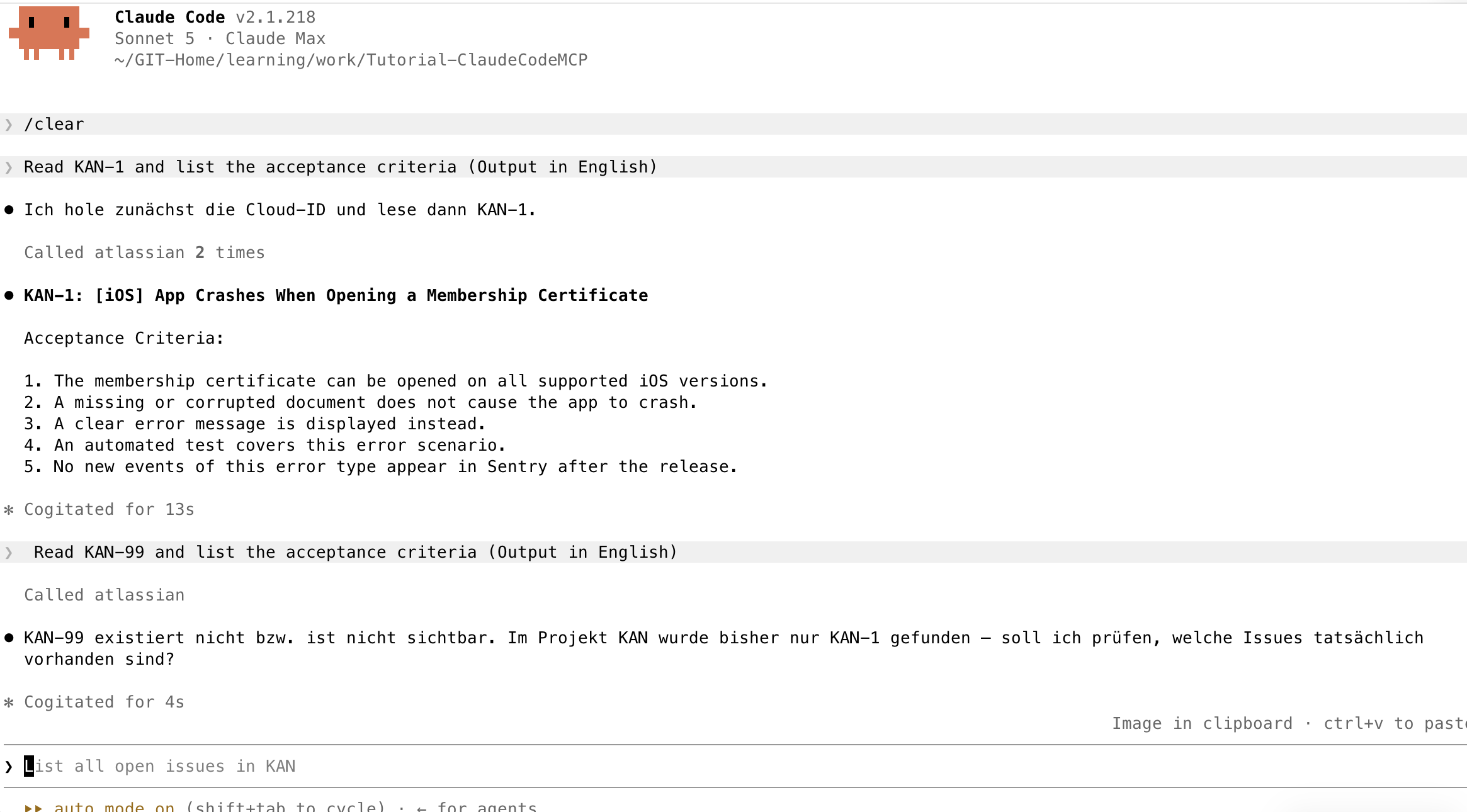 Erste Frage an Claude Code über den Atlassian MCP Server