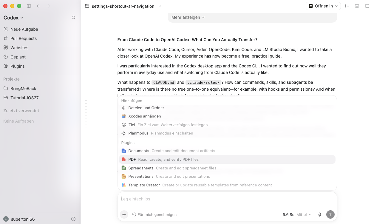 ChatGPT-Desktop-App mit den Bereichen Chat, Work und Codex
