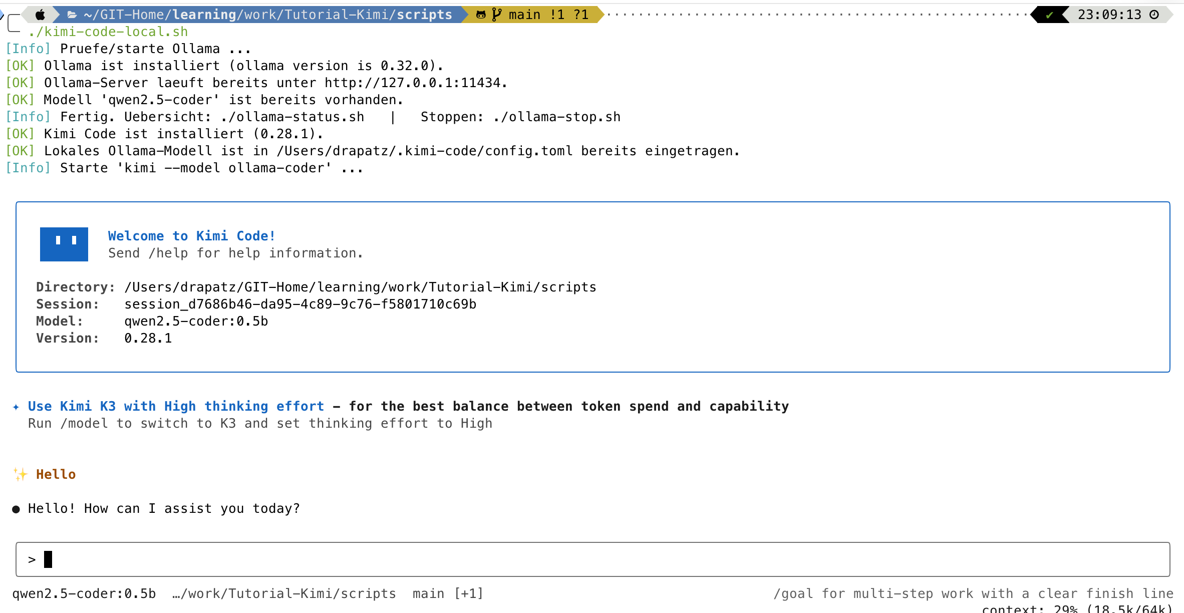 Erste Frage an Kimi Code mit lokalem Modell
